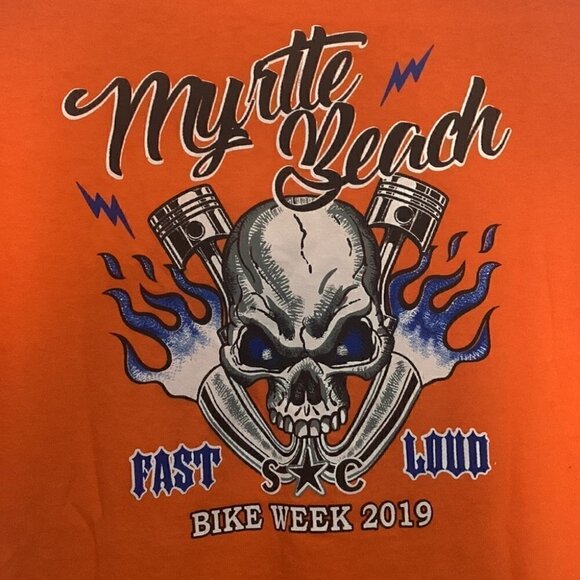 Myrtle Beach Bike Week 2019 T-Shirt Skull Biker Rally Orange Tee Unisex L - Picture 3 of 4